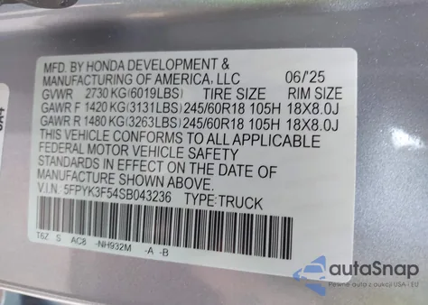 2025 Honda Ridgeline Rtl from USA, damaged, VIN 5FPYK3F54SB043236